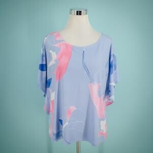 Clara Sun Woo Size Large L Blue Floral Print Scoop Neck Short Flutter Sleeve Top
